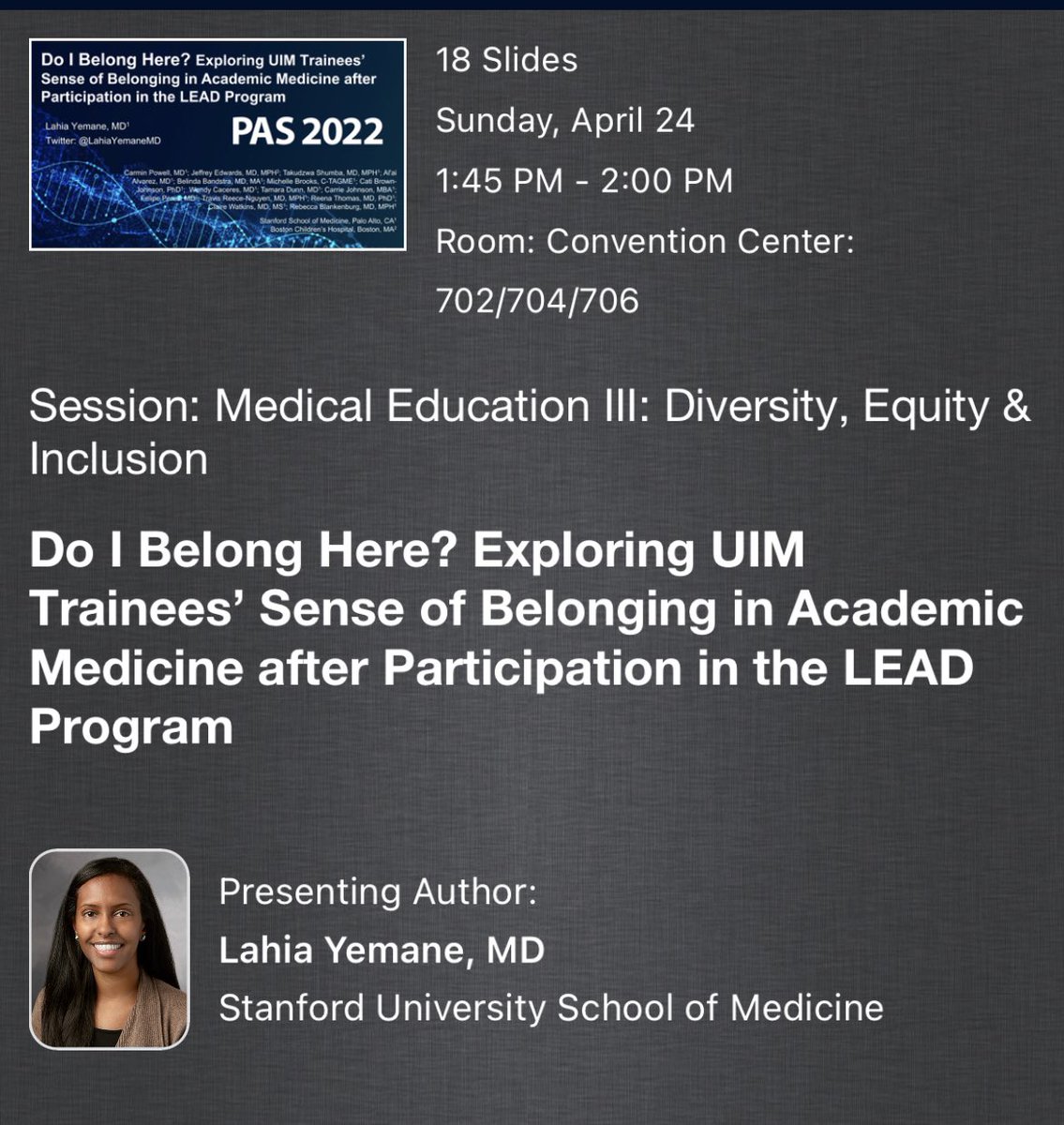 Lahia Yemane, MD (@lahiayemanemd) on Twitter photo Excited to share our qualitative findings on the impact of <a href="/StanfordODME/">Stanford Office of Diversity In Medical Education</a> #LEADatStanfordMed on UIM trainees! #PAS2022
<a href="/Djeffreedom/">Jeffrey Edwards, MD MPH</a> <a href="/carminmari/">Carmin Powell, MD</a> <a href="/alvarezzzy/">aL'Ai alvarez, MD</a> <a href="/fdjperez/">Felipe D. Perez (he|él) MD, FAAP</a> <a href="/reece_nguyen/">Travis Reece-Nguyen (he/him) MD, MPH, FAAP 🏳️🌈</a> @CatiBrownJohns <a href="/TamaraDunnMD/">TamaraDunnMD</a> @WendyCaceresMD <a href="/pedimichelle/">Michelle R. Brooks</a> Excited to share our qualitative findings on the impact of <a href="/StanfordODME/">Stanford Office of Diversity In Medical Education</a> #LEADatStanfordMed on UIM trainees! #PAS2022
<a href="/Djeffreedom/">Jeffrey Edwards, MD MPH</a> <a href="/carminmari/">Carmin Powell, MD</a> <a href="/alvarezzzy/">aL'Ai alvarez, MD</a> <a href="/fdjperez/">Felipe D. Perez (he|él) MD, FAAP</a> <a href="/reece_nguyen/">Travis Reece-Nguyen (he/him) MD, MPH, FAAP 🏳️🌈</a> @CatiBrownJohns <a href="/TamaraDunnMD/">TamaraDunnMD</a> @WendyCaceresMD <a href="/pedimichelle/">Michelle R. Brooks</a>