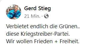 Stefan_K__'s tweet photo. #Staatszersetzung: Gerd #Stieg, #Kreisvorstand #AfD #Brandenburg an der #Havel, will die #GRÜNEN 🌻verbieten! 🤬 Offenbar passt es ihm nicht, dass der #Ukraine #Waffen zur #Selbstverteidigung geliefert werden.
#fckafd 🤢 #noafd #afdverbotJETZT https://t.co/xak5cR0KNI