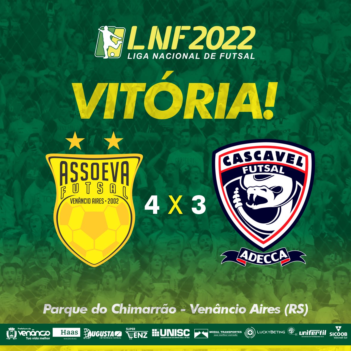 assoeva's tweet photo. 🔰 Assoeva vence o Cascavel, atual campeão da @lnfontime, em mais uma atuação destacada em Venâncio Aires. @VALDIN13 (2), Boni e Guilherme marcaram nossos gols ⚽️
#Assoeva #Futsal #VenâncioAires 💚💛 https://t.co/iCQwcjsNR7