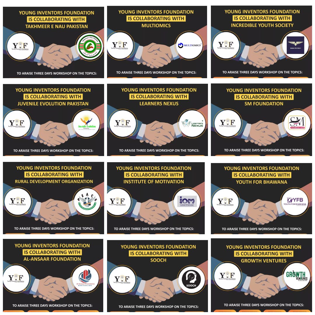 org_yif's tweet photo. ASSALAMUALAIKUM
Collaboration Partners for the 4 days Training Workshop
YIF is officially collaborating with 13 Platforms.
 YIF is thankful to all the Collaboration partners
 We are hoping maximum participation from all the partners.
#teamyif #yifdotorg #Collaboration #Training https://t.co/cYAMiGHnrR