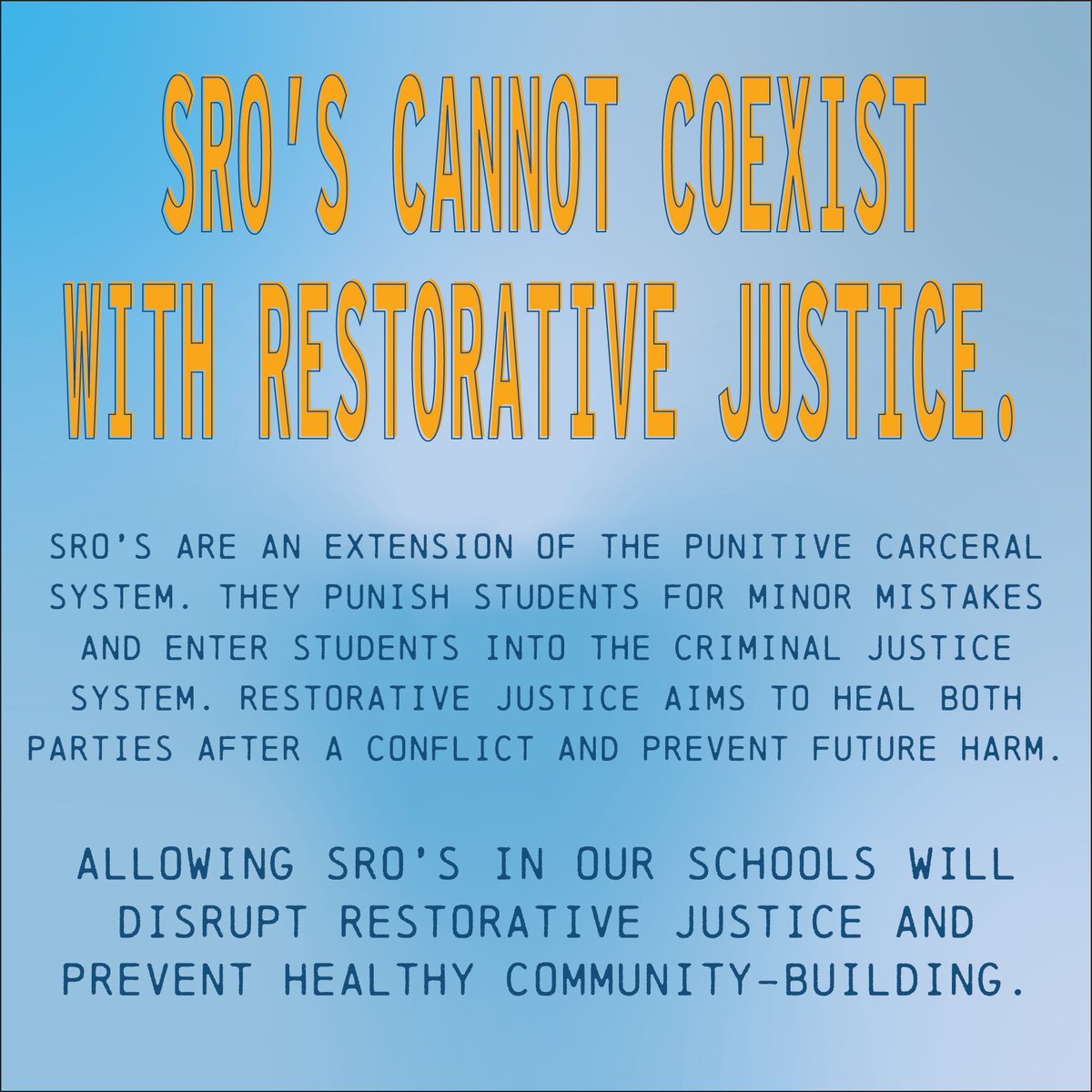 youngactivistsc's tweet photo. SRO’s cannot coexist with Restorative Justice.

SRO’s are an extension of the punitive carceral system. Allowing SRO’s in our schools will disrupt Restorative Justice and prevent healthy community-building.
#fixourschools #cpdoutofcps https://t.co/c3ssdKSyUF