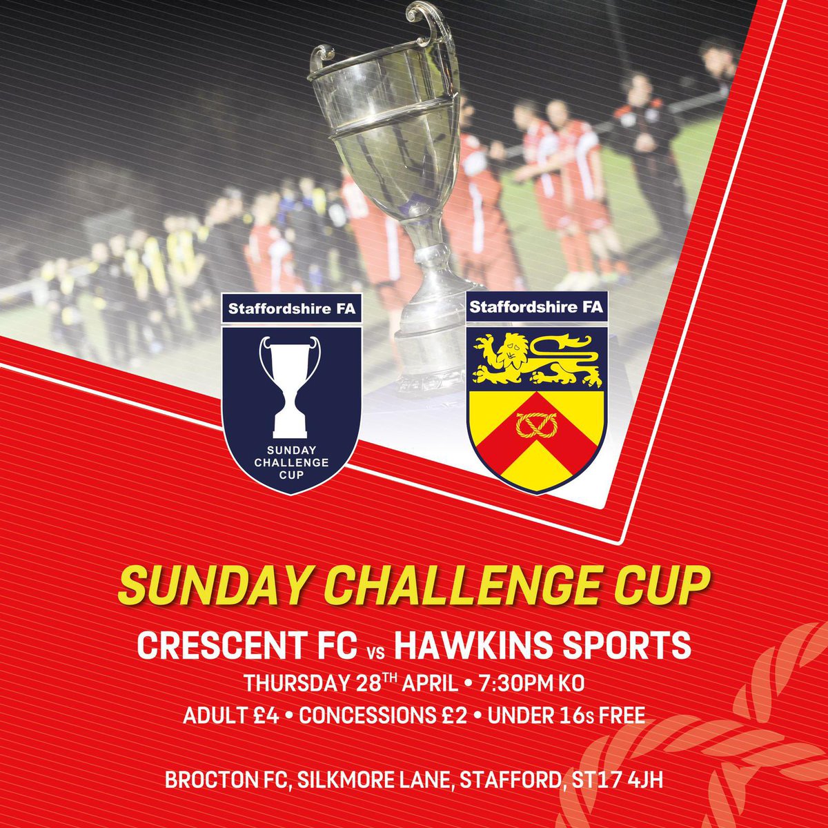 Crescent FC (@thecrescentfc) on Twitter photo 🚨 NEXT UP 🚨
Biggest game of the season in the County Cup final in our first season as a club.
🆚 <a href="/HawkinsSportsFC/">Hawkins Sports (Sunday) FC</a>
⏰ 19:30 KO
🗓 Thursday 28th April
📍 Brocton FC, Silkmore Lane, Stafford, ST17 4JH
Come down and support the lads!📣
UTC!🌙⚽️ 🚨 NEXT UP 🚨
Biggest game of the season in the County Cup final in our first season as a club.
🆚 <a href="/HawkinsSportsFC/">Hawkins Sports (Sunday) FC</a>
⏰ 19:30 KO
🗓 Thursday 28th April
📍 Brocton FC, Silkmore Lane, Stafford, ST17 4JH
Come down and support the lads!📣
UTC!🌙⚽️