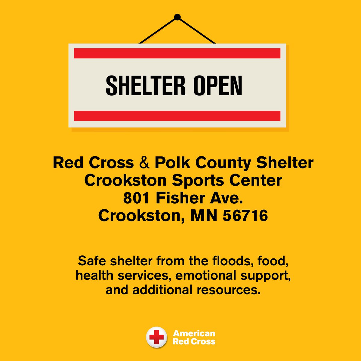 Red Cross and Polk County have opened a shelter at the Crookston Sports Center for those impacted by the recent floods. All are welcome! #redcross #crookstonfloods #springfloods <a href="/CrookstonTimes/">Crookston Times</a> <a href="/KROXRADIO/">KROX Radio</a>