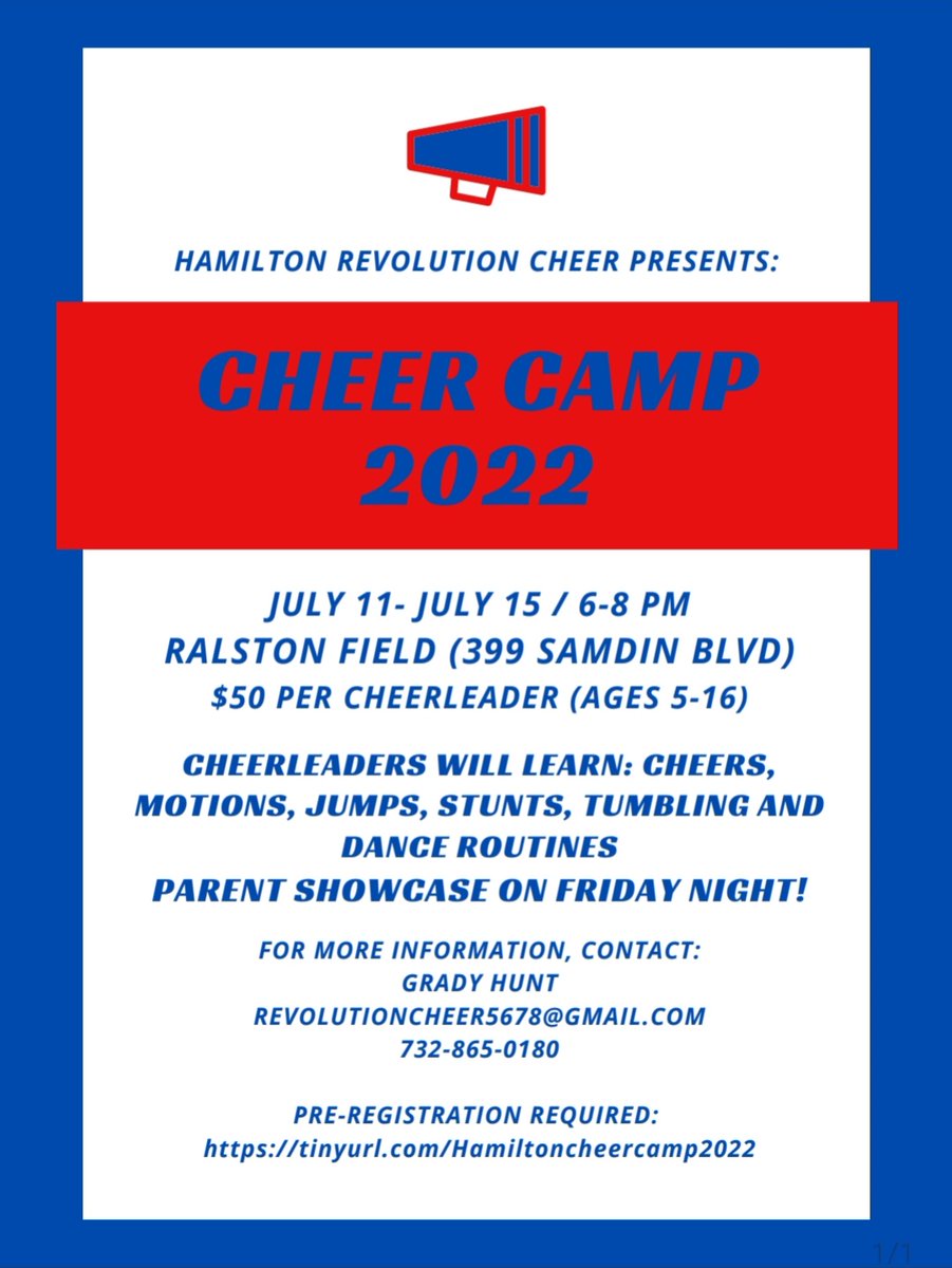 2022 cheer camp registration is open! Sharpen your skills before your season starts! All are welcome! 
<a href="/hhwestcheer/">West Cheer</a> <a href="/SteinertCheer/">Steinert H.S. Cheer</a>  <a href="/NottinghamCheer/">Nottingham Cheerleading</a> @PWFHamilton