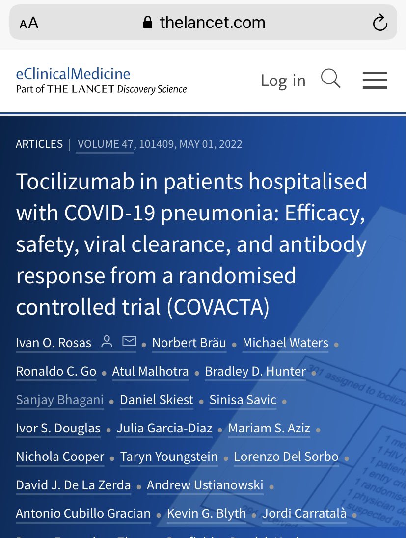 Efficacy, Safety, Viral Clearance and Antibody Response in those receiving Tocilizumab for COVID-19 pneumonia Important and unique data not collected by the other large trials sciencedirect.com/science/articl… @nicholacooper @bhagani_sanjay @sinisauksav and co @Roche