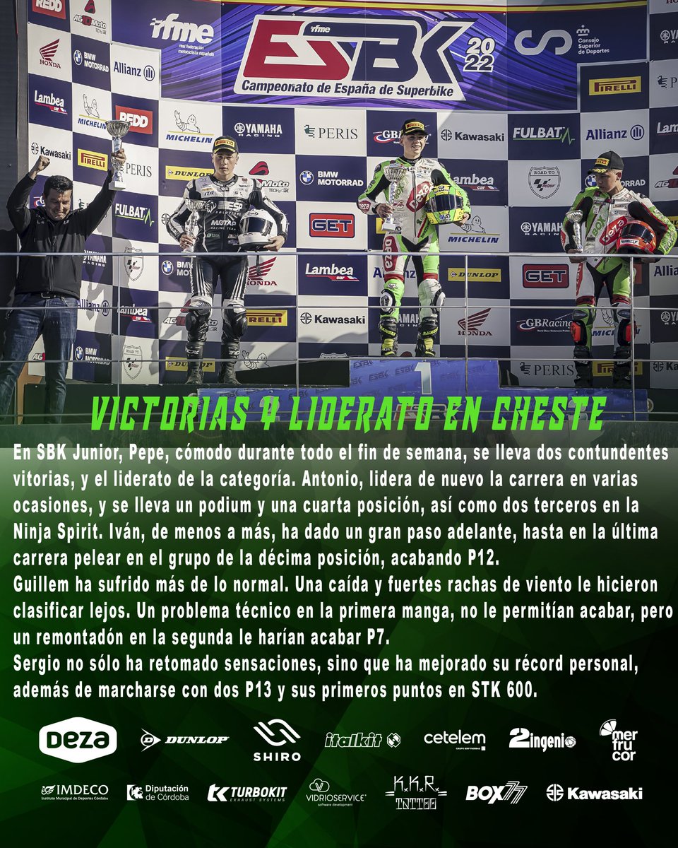 💚 GRANDES CARRERAS EN CHESTE CON VICTORIAS Y LIDERATO 💚

💚INCREDIBLE RACE WEEKEND WITH VICTORIES AND LEADERSHIP AT SBK JUNIOR 💚

Segunda ronda del #esbk ✅ 
#ESBK round - 2 ✅

🥇 Pepe Osuna
🥉 Antonio Torres  
✅ P12 Iván Muñoz  
✅ P7 <a href="/GuillemErill52/">Guillem Erill</a> 
✅ P13 Sergio López