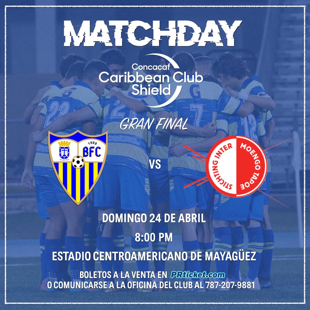 Listos para la final de la <a href="/Concacaf/">Concacaf</a> Caribbean Club Shield esta noche ante el Inter Moengo Tapoe de Suriname a las 8PM en el Estadio Centroamericano de Mayagüez. ¡Vamos Bayamón! 🙌🏻⚽️💙