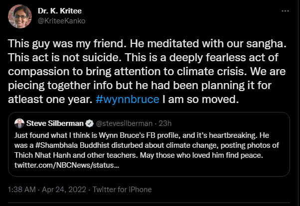 aletweetsnews's tweet photo. Wynn Bruce, climate activist and Buddhist, self-immolated outside the Supreme Court on Earth Day. Bruce alluded to his act a year ago on Facebook, under a link for an online course about the science of climate change.

Fellow activists plan a vigil later this week. https://t.co/j3sM5lgnNr