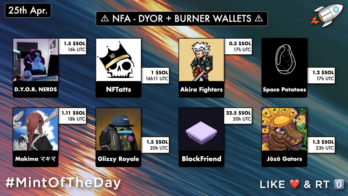 Nico (@mintoftheday) on Twitter photo 🔥 Tomorrow's Trending #SolanaNFTs 🔥
16UTC・<a href="/DYORNERDS/">D.Y.O.R. NERDS {404}</a>・1.5 SOL
16h11UTC・@NFTatts・1 SOL
17UTC・<a href="/akira_fighters/">Akira Fighters</a>・0.3 SOL
17UTC・@spacepotatoes_・1.2 SOL
18UTC・<a href="/MakimaNFT/">Makima マキマ</a>・1.11 SOL
20UTC・<a href="/GlizzyRoyale/">Glizzy Royale 🌭</a>・1.5 SOL
20UTC・<a href="/BlockFriendNFT/">BlockFriend | MournAIO</a>・22.5 SOL
23UTC・<a href="/JozoGators/">Jōzō Gators</a>・1.2 SOL 🔥 Tomorrow's Trending #SolanaNFTs 🔥
16UTC・<a href="/DYORNERDS/">D.Y.O.R. NERDS {404}</a>・1.5 SOL
16h11UTC・@NFTatts・1 SOL
17UTC・<a href="/akira_fighters/">Akira Fighters</a>・0.3 SOL
17UTC・@spacepotatoes_・1.2 SOL
18UTC・<a href="/MakimaNFT/">Makima マキマ</a>・1.11 SOL
20UTC・<a href="/GlizzyRoyale/">Glizzy Royale 🌭</a>・1.5 SOL
20UTC・<a href="/BlockFriendNFT/">BlockFriend | MournAIO</a>・22.5 SOL
23UTC・<a href="/JozoGators/">Jōzō Gators</a>・1.2 SOL