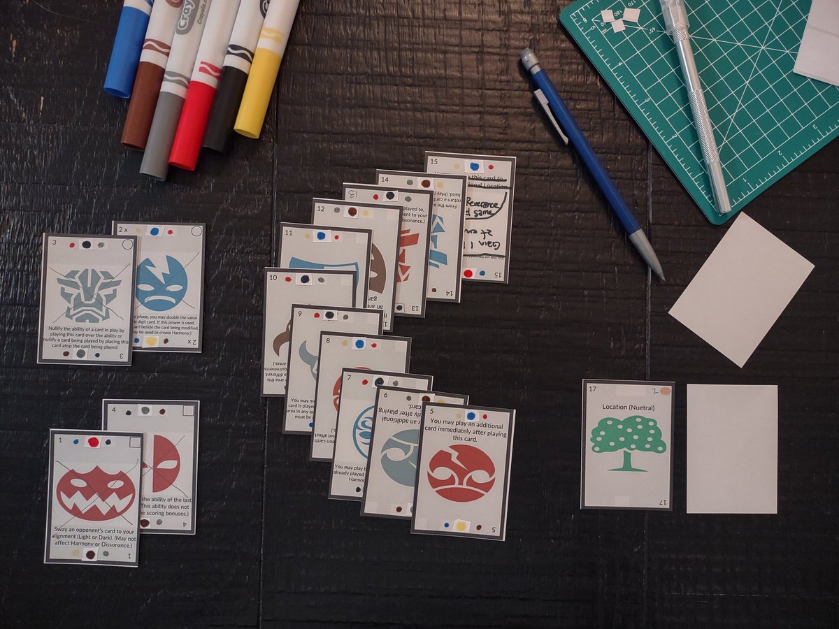 CreakyTable's tweet photo. My @buttonshy Games prototype has made it to a place I'm happy with. An area control tug of war for 2 players. Time to hand draw the art and icons. π¬
#boardgames #tabletopgames #games #bgg #bggcommunity #cardgames #tabletopgaming #boardgamedesign #prototype #18cards #walletgame https://t.co/oQ1EVCPLCg