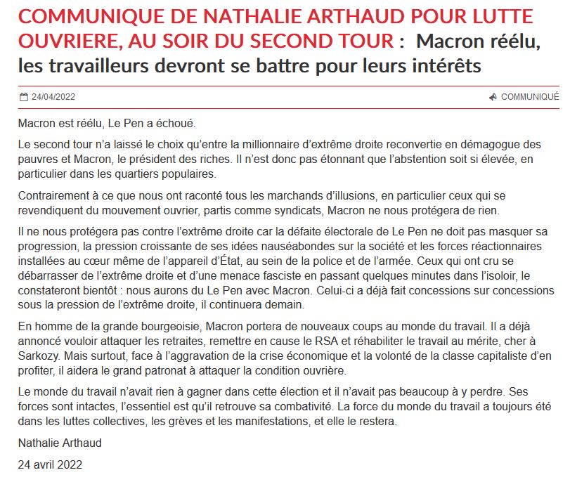 n_arthaud's tweet image. Ma réaction après le résultat du second tour des #presidentielles2022 : #Macron réélu, les travailleurs devront se battre pour leurs intérêts ! 👇