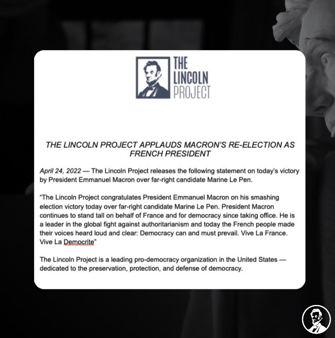 ProjectLincoln's tweet photo. A statement from The Lincoln Project on the victory of President Emmanuel Macron. 🇫🇷 #presidentielles2022 https://t.co/nvyd2mY49g