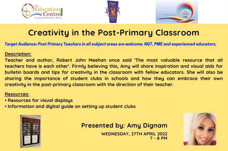 Post Primary Teachers … Wednesday at 7pm ….Creativity in the Post-Primary Classroom with @5j16MsDignam in partnership with @ClareEdCentre @CentreNavan 

Register here: zoom.us/webinar/regist…