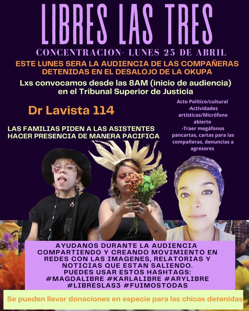 RadioZapote's tweet photo. Libres Las Tres!
Concentración y acto político cultural contra las violaciones a los derechos humanos de las detenidas y las faltas a su debido proceso.
Convocamos 8am en el tribunal superior de justicia, Dr Lavista 114.
#MagdaLibre #KarlaLibre #AryLibre #LibresLas3 https://t.co/X2o2ydXYRT