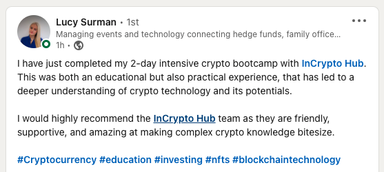 It's wonderful to receive glowing reviews for our new crypto bootcamp, aimed at getting beginners kickstarted in the space. Thanks Lucy! ☺️

linkedin.com/posts/lucy-sur…