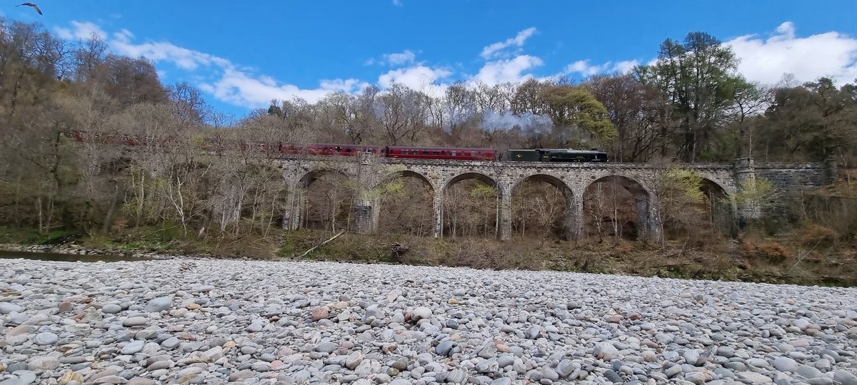 JodieCarnie's tweet photo. Killiecrankie viaduct today. 1st the #scotsguardsman followed by the 12.38 @ScotRail service Inverness to Glasgow. #highlandmainline #scotrail https://t.co/X1gImVmKLP