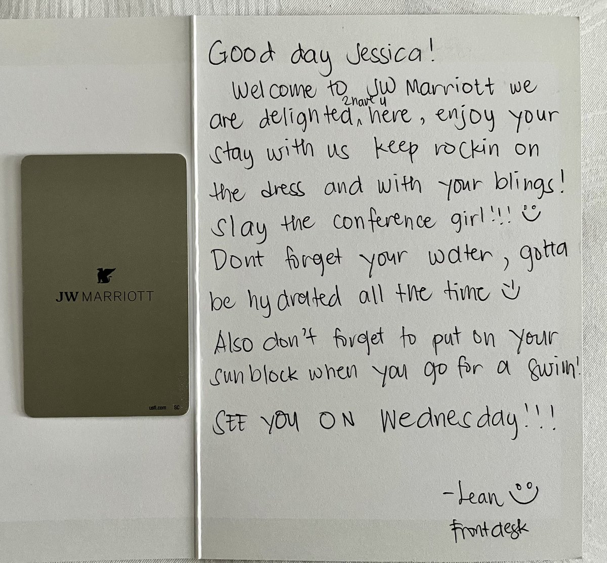 SmallTownCoops's tweet photo. Amazing #costomerservice at @JWMarriottATX! Enjoyed the warmest welcome with front of house specialist Lean, who brightened my already great day, and left this fun note under my door! Feeling the love! #AustinTx https://t.co/flRIDXLp5d