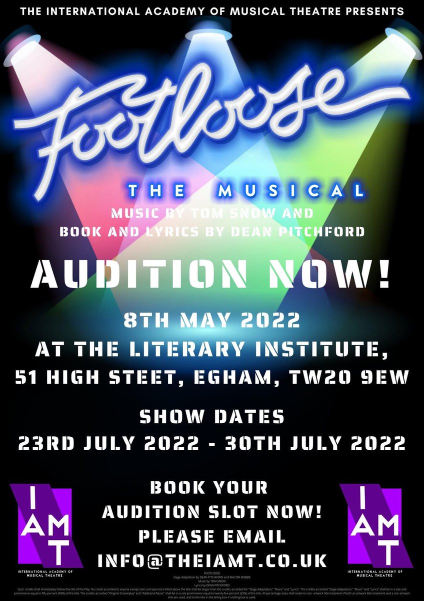 Have you booked your slot to audition for The IAMT’s next Summer Show - Footloose! 

Audition Day - 8th May 2022
Show Dates - 23rd July - 30th July 

Book your slot now by emailing info@theiamt.co.uk

#TheIAMT #FootlooseTheMusical #ShowInAWeek #Auditions #AuditionNow #TeamIAMT