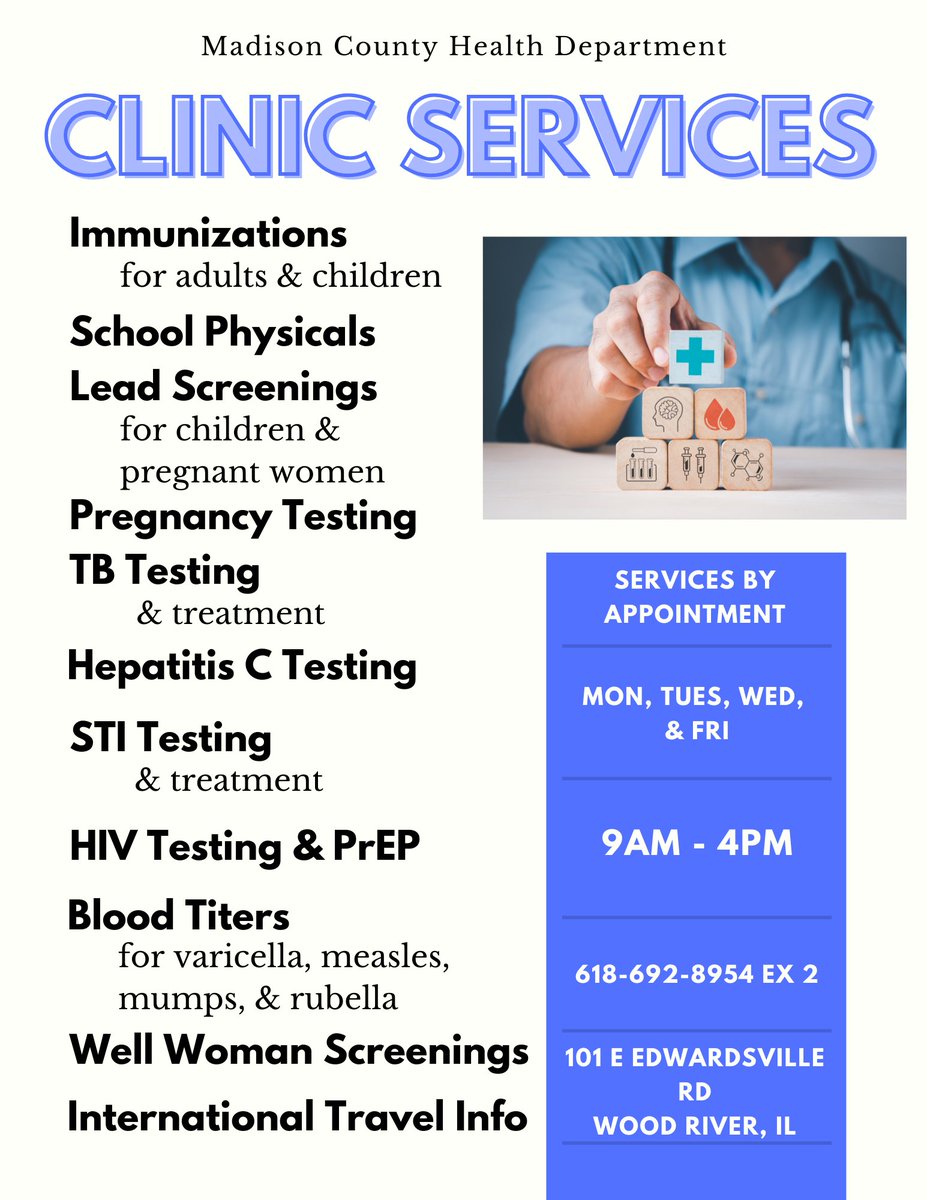 MadisonCHD's tweet image. Madison County Health Department offers a wide range of clinic services by appointment every Monday, Tuesday, Wednesday, and Friday from 9 AM to 4 PM. 

Call 618-692-8954 EX 2 to schedule an appointment!