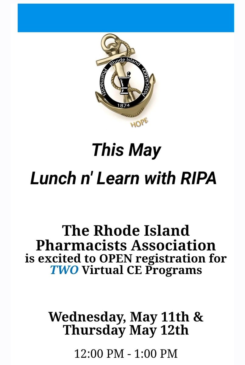 RIpharmacists's tweet photo. Join us on May 11th and 12th for 2️⃣ virtual 1 hr #pharmaCE events!

5/11 - Suzanne Soliman PharmD, BCMAS
🔗https://t.co/h03LujwIID

5/12 - John Hoolahan PharmD
🔗https://t.co/kig0tuAwuU

Registration is FREE💸 for @RIpharmacists members

#ri_pharmacists #pharmacists
#twittRx
1/n https://t.co/I6rERqrw92