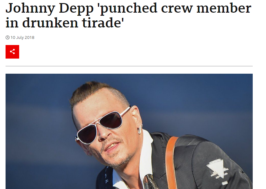 Johnny Depp's history of violence: arrested in 1989 for assaulting a hotel guard in Canda, arrested in 1994 for trashing a hotel room in New York City, and is being sued right now for assaulting a crew member