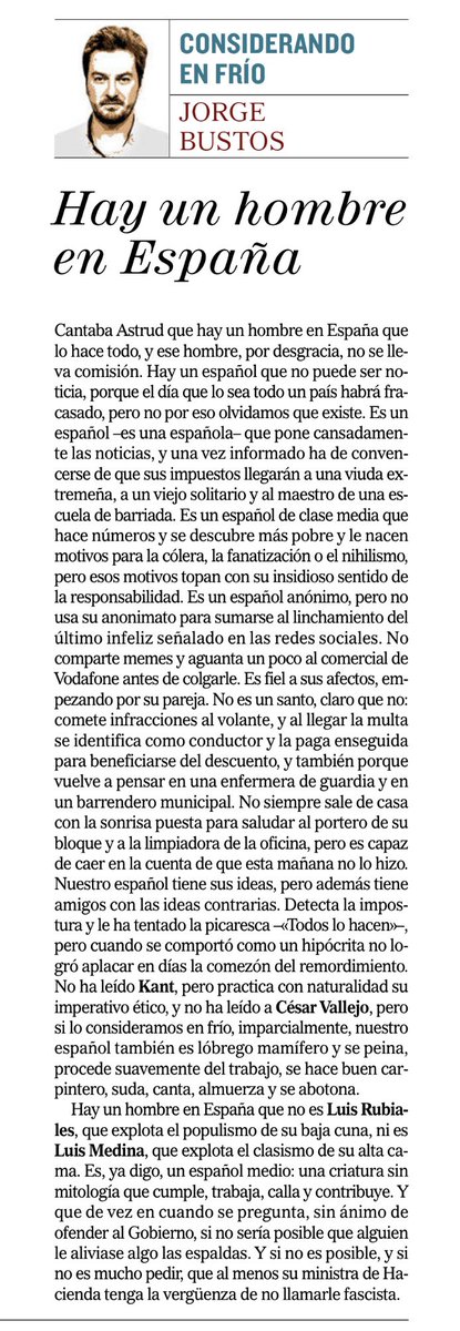 joseja_arias's tweet photo. "Hay un español que no puede ser noticia, porque el día que lo sea todo un país habrá fracasado, pero no por eso olvidamos que existe".

Inmejorable descripción de @JorgeBustos1 de los españoles que trabajan, piensan y luchan. https://t.co/JOC7TBt84x