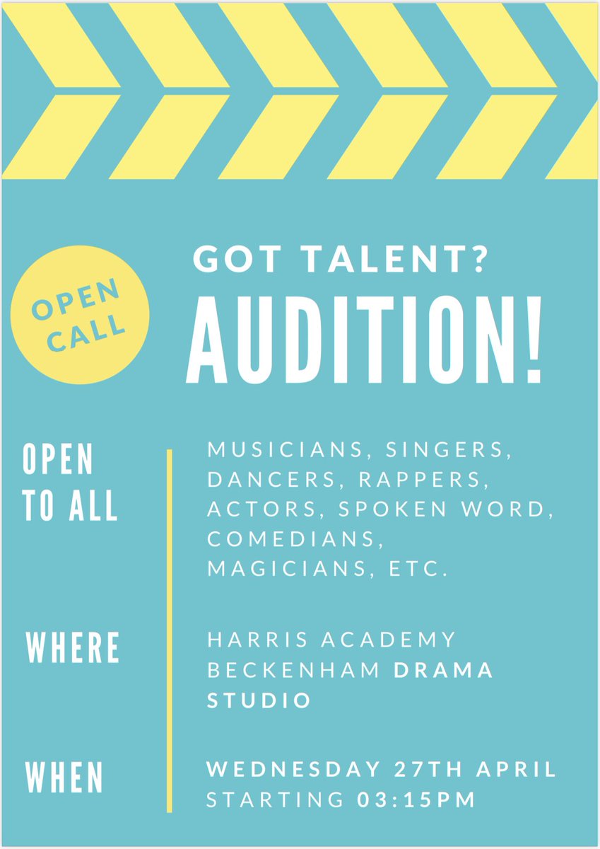 HABEPerforming's tweet photo. Can you sing, rap, dance, act, juggle? If yes, the Performing Arts department @HarrisBeckenham want you to audition this coming Wednesday, 27th April 3.15-4.30, for our upcoming talent show!! #HABE #PerformingArts #Music #Drama 🎭🎼 https://t.co/GPewfi8Ztq