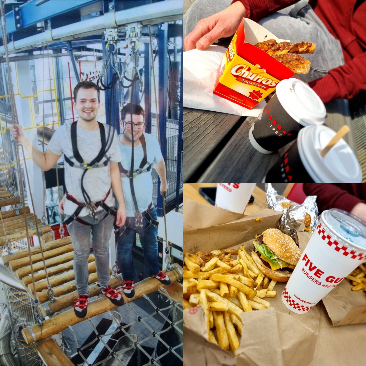 Kevin_Lowe94's tweet photo. Day spent at Glasgow Xsite @Climbzonebh, fair to say climbing has tired us out! 

Treated ourself to some churros and a five guys to make up for the calories lost! 😂 https://t.co/6abwmKfF1G