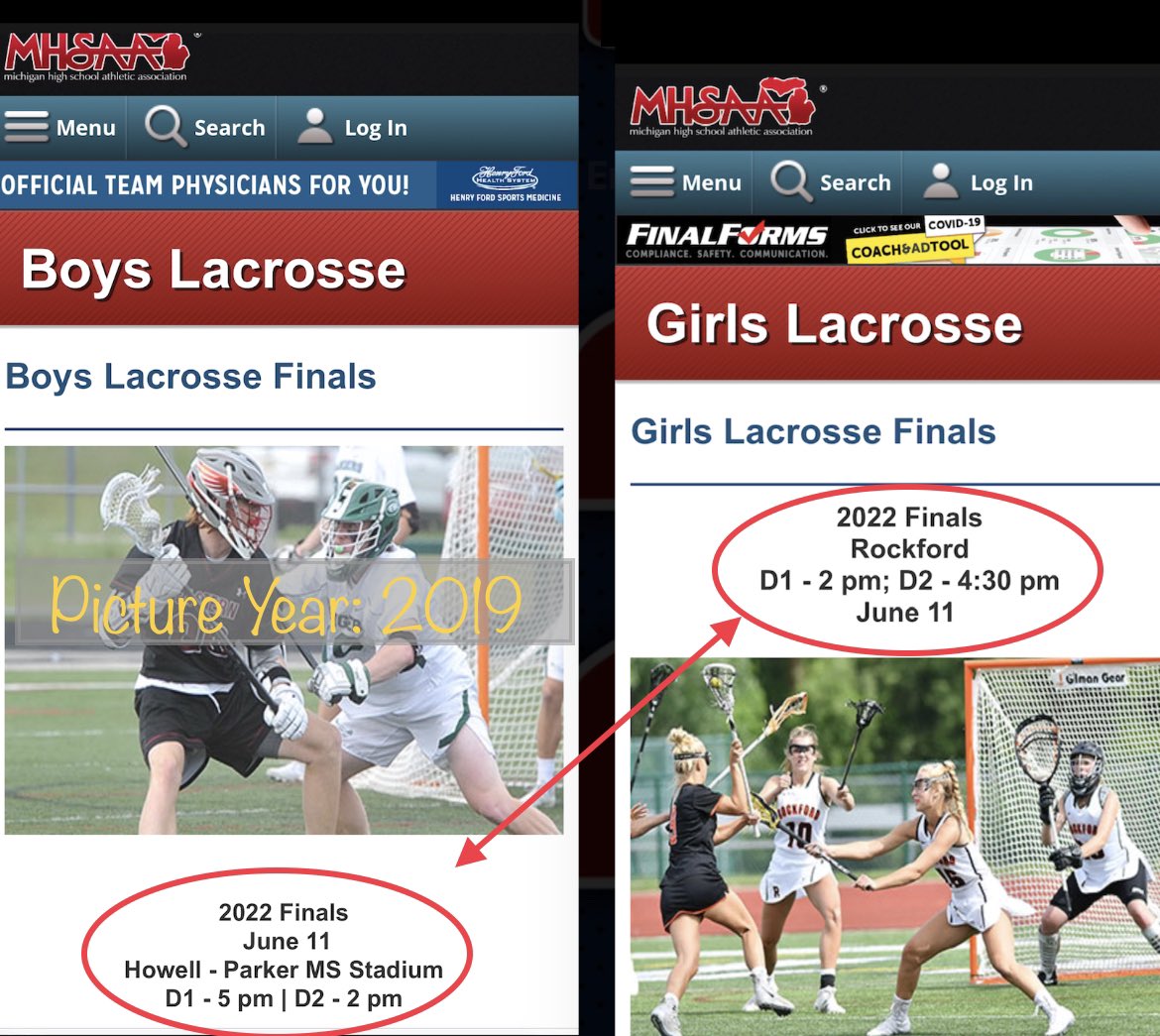 LLRSports's tweet photo. 🚨MHSAA Web-Site🚨 
After 15 months of talks re the Michigan high school lacrosse state finals the MHSAA apparently has … wait for it…. done nothing. Boys &amp; Girls same day/same time. Iconic ‘PMS’ retains the boys &amp; Rockford girls get a home game if they make it- 🏳 I give up https://t.co/3OGlrAsatX