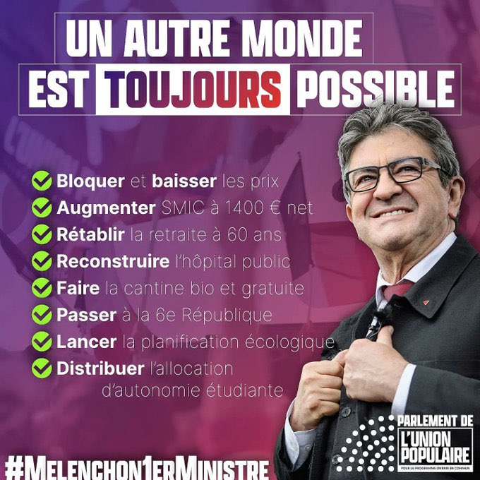 Le #1erMai doit être massif! #Macron5ans #Çasuffit! #Retraite 65ans, non! #casse des #servicespublics, non! #inaction #ecologie, tjrs Non!
1 espoir est né en #France!
Le #3emeTour c’est #Majorité #UnionPopulaire #AEC et #MelenchonAMatignon #Melenchon1erMinistre! #legislatives2022