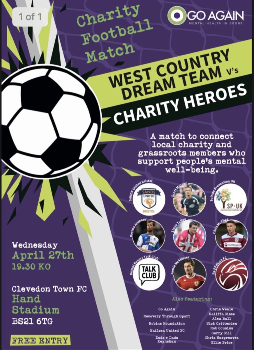 wealeyGK's tweet photo. Looking forward to playing on Wednesday evening @ClevedonTownFC for @GoAgain6 charity match. Come along and support its free entry. 7.30 pm KO https://t.co/yQ6UUAaFaN