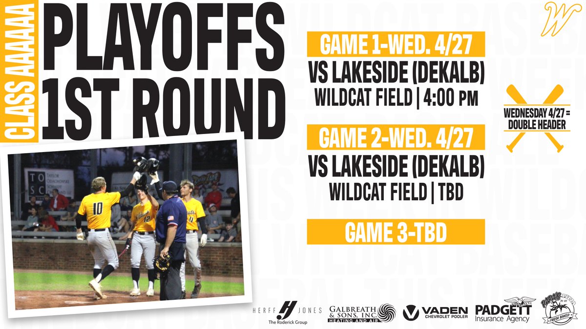 The Wildcats are hosting Lakeside (Dekalb) in the 1st round of the playoffs this week!  The best of 3 series starts with a DH on Wednesday at 4:00pm.  Bring the energy and come cheer on your Wildcats!

📍Wildcat Field
🆚Lakeside (Dekalb) Vikings
⏱Game 1, 4:00pm
🎟GoFan