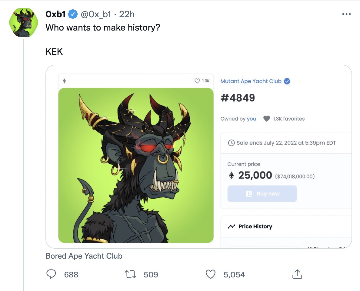 smoovie420's tweet photo. it would appear the gentleman who spent many millions on the rare mutant apes is perhaps desperate for a little liquidity

placing public asks... but just for KEKS of course... and for HISTORY https://t.co/bQmCOEwACe