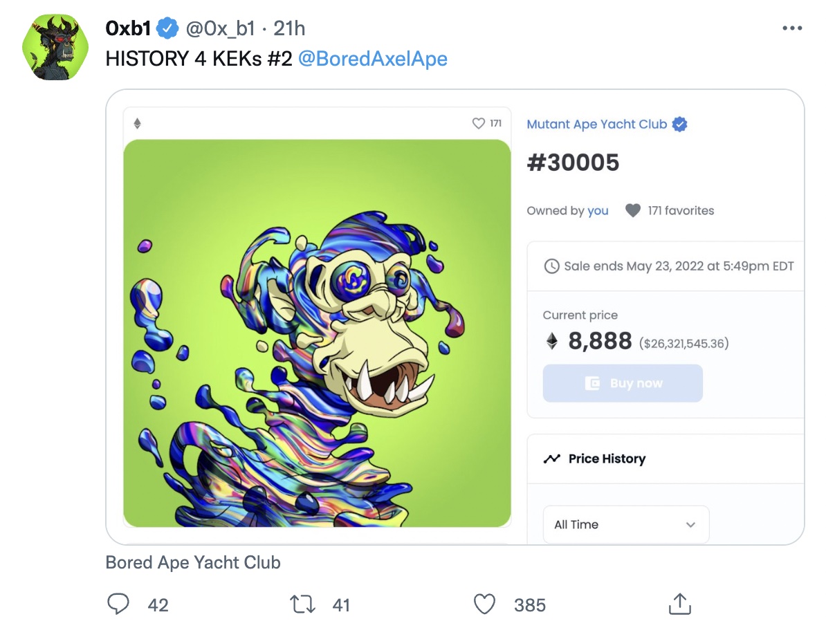 smoovie420's tweet photo. it would appear the gentleman who spent many millions on the rare mutant apes is perhaps desperate for a little liquidity

placing public asks... but just for KEKS of course... and for HISTORY https://t.co/bQmCOEwACe