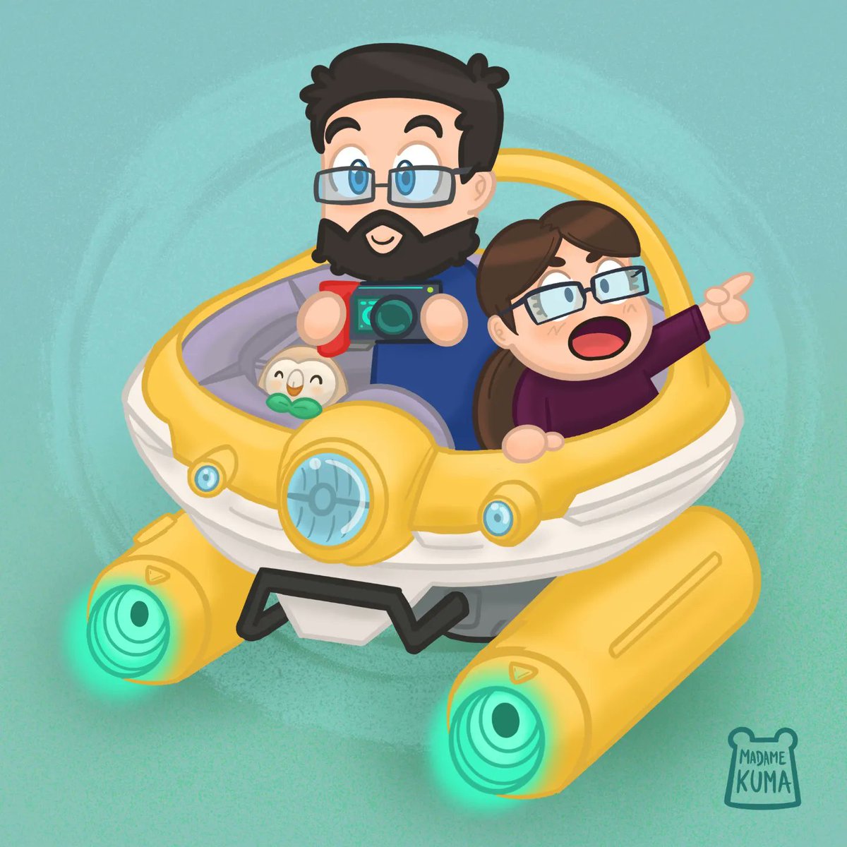 Kumapixel's tweet photo. Je vous présente le cadeau pour un couple d'amis réalisé par mes soins ! Je voulais les représenter en tant que chasseurs Pokémon en mode safari dans PKM Snap 😄 #chibiart #procreateart https://t.co/oL1YQP4jC9