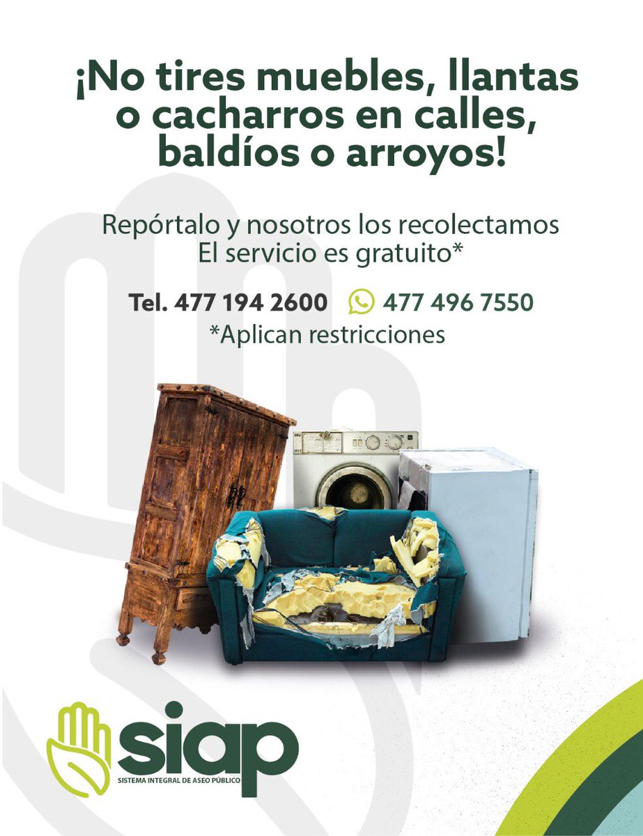 SIAP_Leon's tweet photo. ¡No dejes que los cacharros🛋 se acumulen en casa!

Organízate con tus vecinos y solicita el programa de #Descacharrización para que juntos eliminen criaderos potenciales de alacranes 🦂 y mosquitos 🦟 .

Comunícate 📞 al 477194-2600 y pide más información.
#LeónSiempreLimpio🦁 https://t.co/6vNhVGO2YT