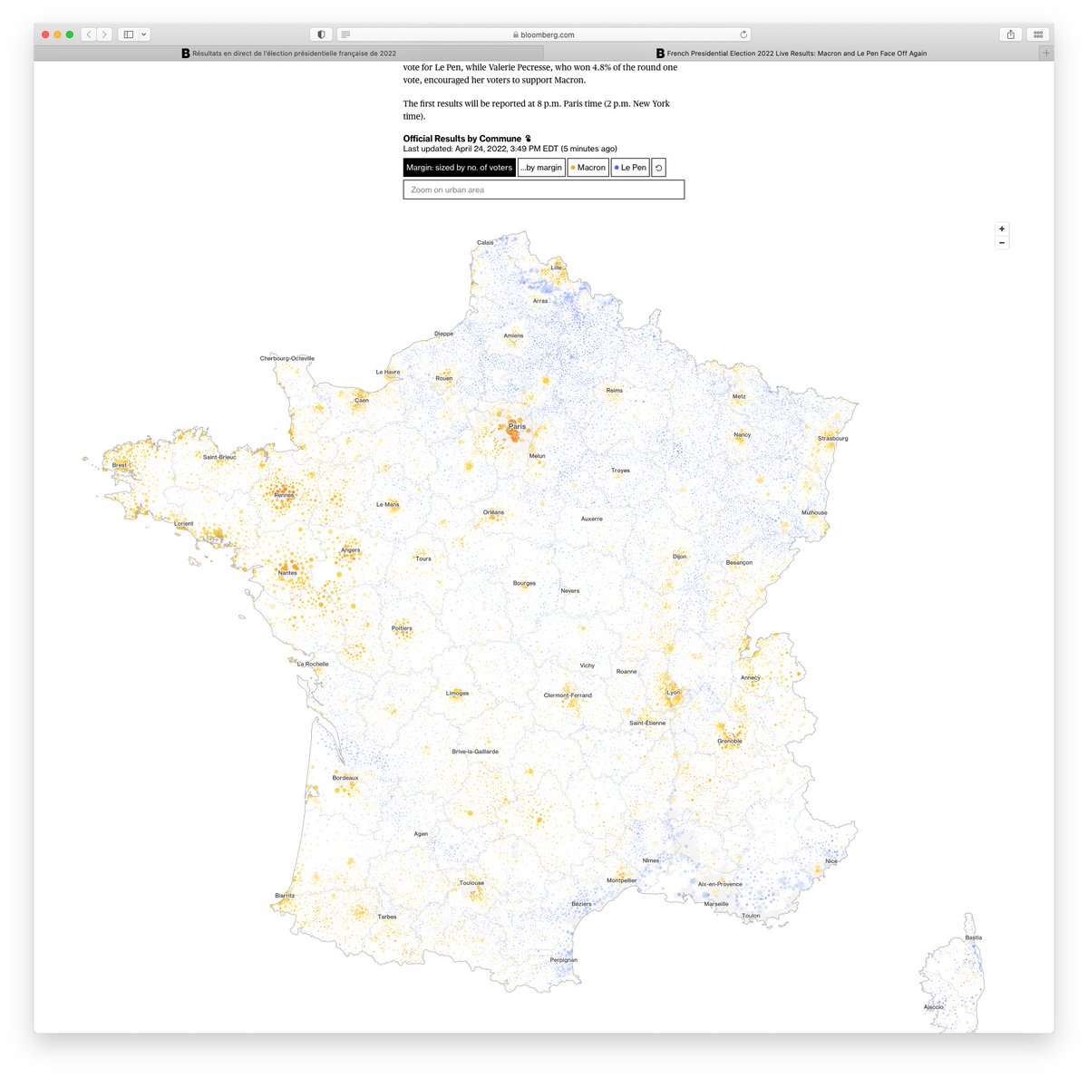 Bloomberg Graphics on Twitter: "French Emmanuel Macron is set to reelection, initial projections show, defeating far-right rival Marine Le Pen for the second time. 🔗: https://t.co/oPTvR0k5L5 / Twitter