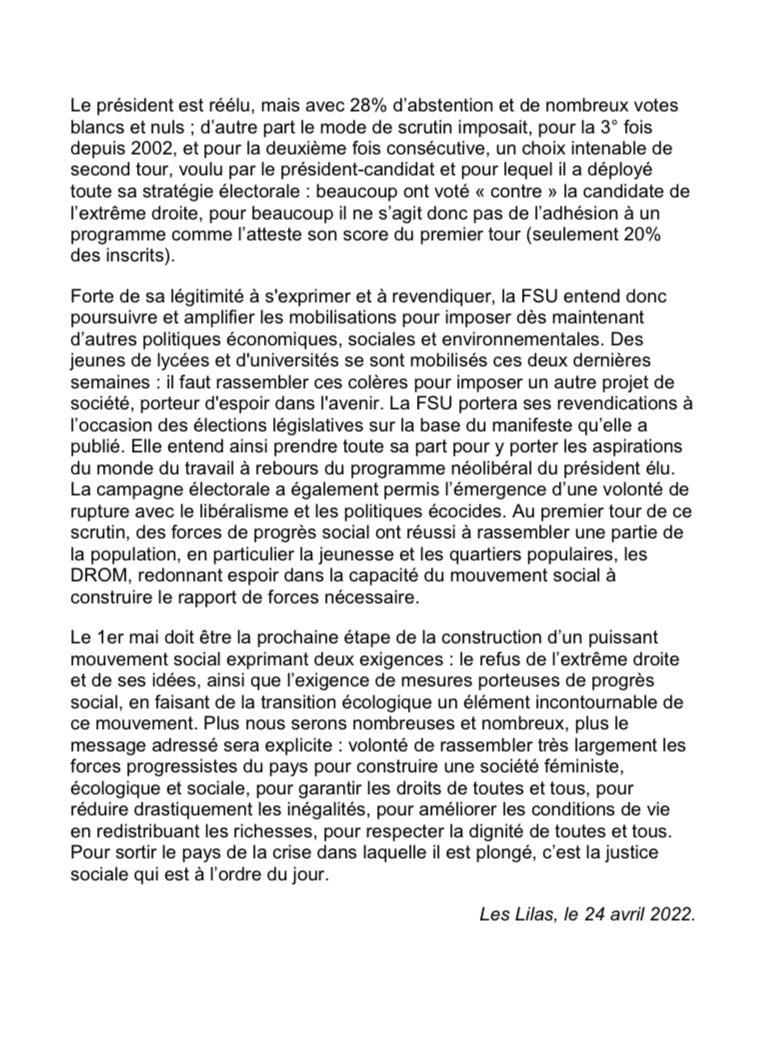SnesupFsu's tweet photo. L’extrême-droite battue, continuons pour consolider la démocratie et agir pour le progrès social - Communiqué de la @FsuNationale du 24/04/2022 @SnesupFsu #presidentielle #1erMai #legislatives2022 #amplifierlesmobilisations https://t.co/NGPoRGjQMq