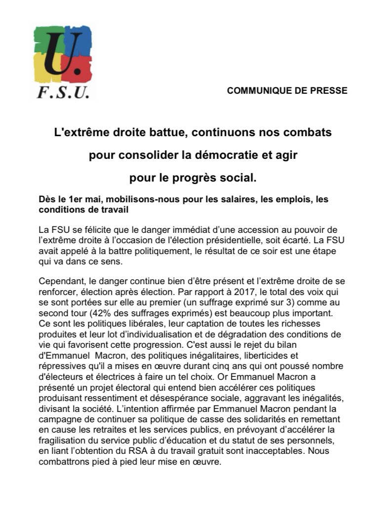 SnesupFsu's tweet photo. L’extrême-droite battue, continuons pour consolider la démocratie et agir pour le progrès social - Communiqué de la @FsuNationale du 24/04/2022 @SnesupFsu #presidentielle #1erMai #legislatives2022 #amplifierlesmobilisations https://t.co/NGPoRGjQMq
