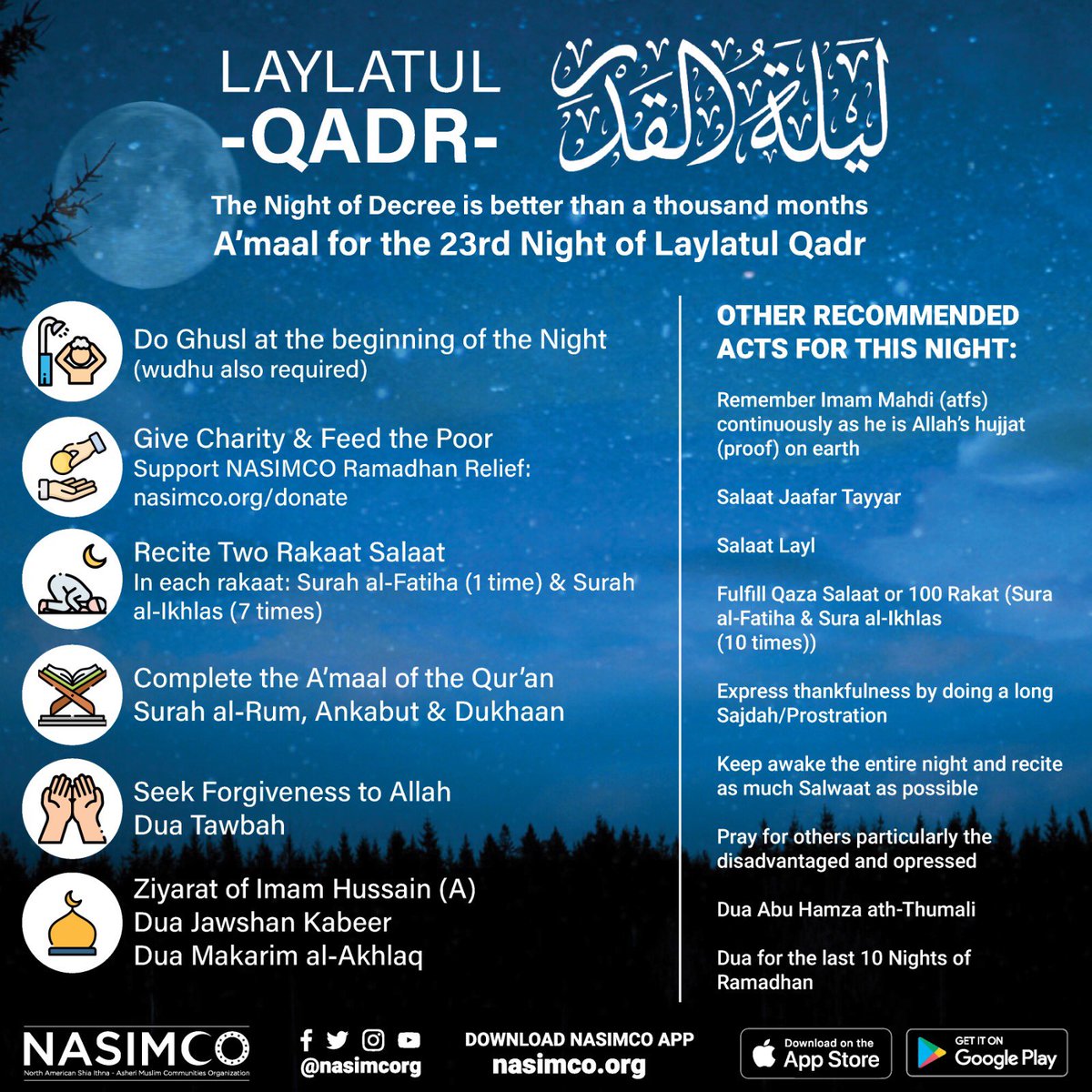 nasimcorg's tweet photo. Recommended acts for the 23rd Night of Laylatul Qadr -  It is recommended to give Charity &amp; Feed the Poor on this day. Ramadhan Relief: https://t.co/sySb4C5HW0 

#laylatulqadr #ramadhan #islam #layalulqadr #muhammad #ali #prophetmuhammadﷺ #imamali #islamicquotes https://t.co/tW7fcSlpVC