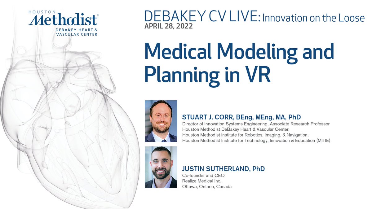 DeBakeyCVedu's tweet image. Don&apos;t miss #DeBakeyCVLive : Innovation on the Loose on Thurs. April 28 at 5pm! @DrStuCorr and Justin Sutherland will be demoing #medicalmodeling and planning in #virtualreality! Watch it Live @ bit.ly/3JZOZJ4

#innovation #virtualreality #MITIEXR #XR @RealizeMedical