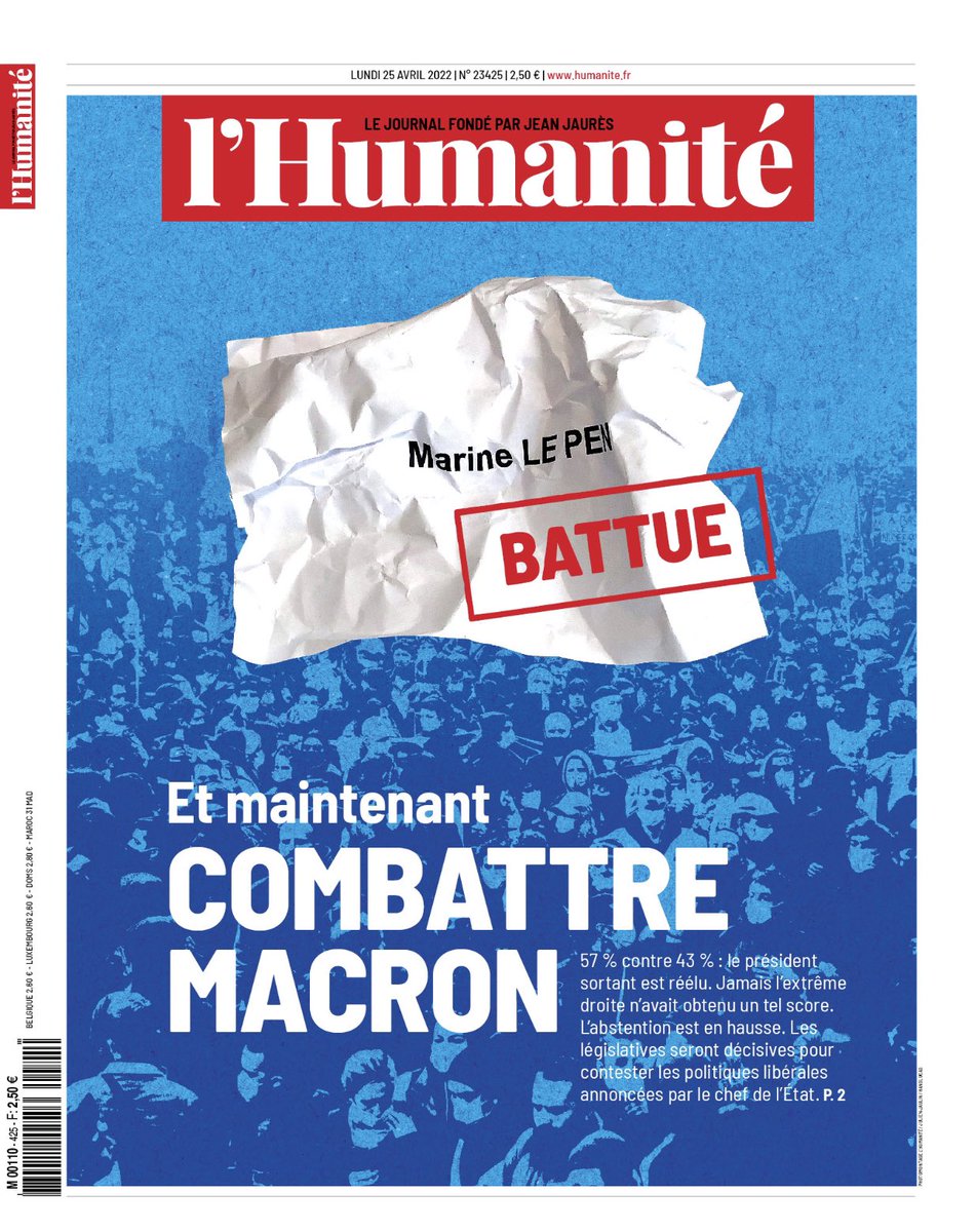 Marine le Pen battue
Et maintenant 
Combattre Macron 
La Une de <a href="/humanite_fr/">L'Humanité</a>