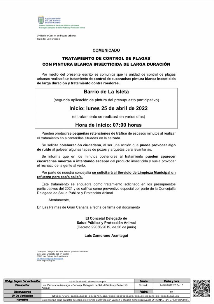 LPGCSaludPublic's tweet photo. 1/2 #ControlDePlagas
Se informa que a partir de mañana se realizará tratamiento contra #cucarachas con pintura blanca insecticida y #raticida en el barrio de #LaIsleta
Se trata de la 2ª aplicación del tratamiento (1ª hace 10 meses). solicitado en los presupuestos participativos https://t.co/D5YtXOtutq