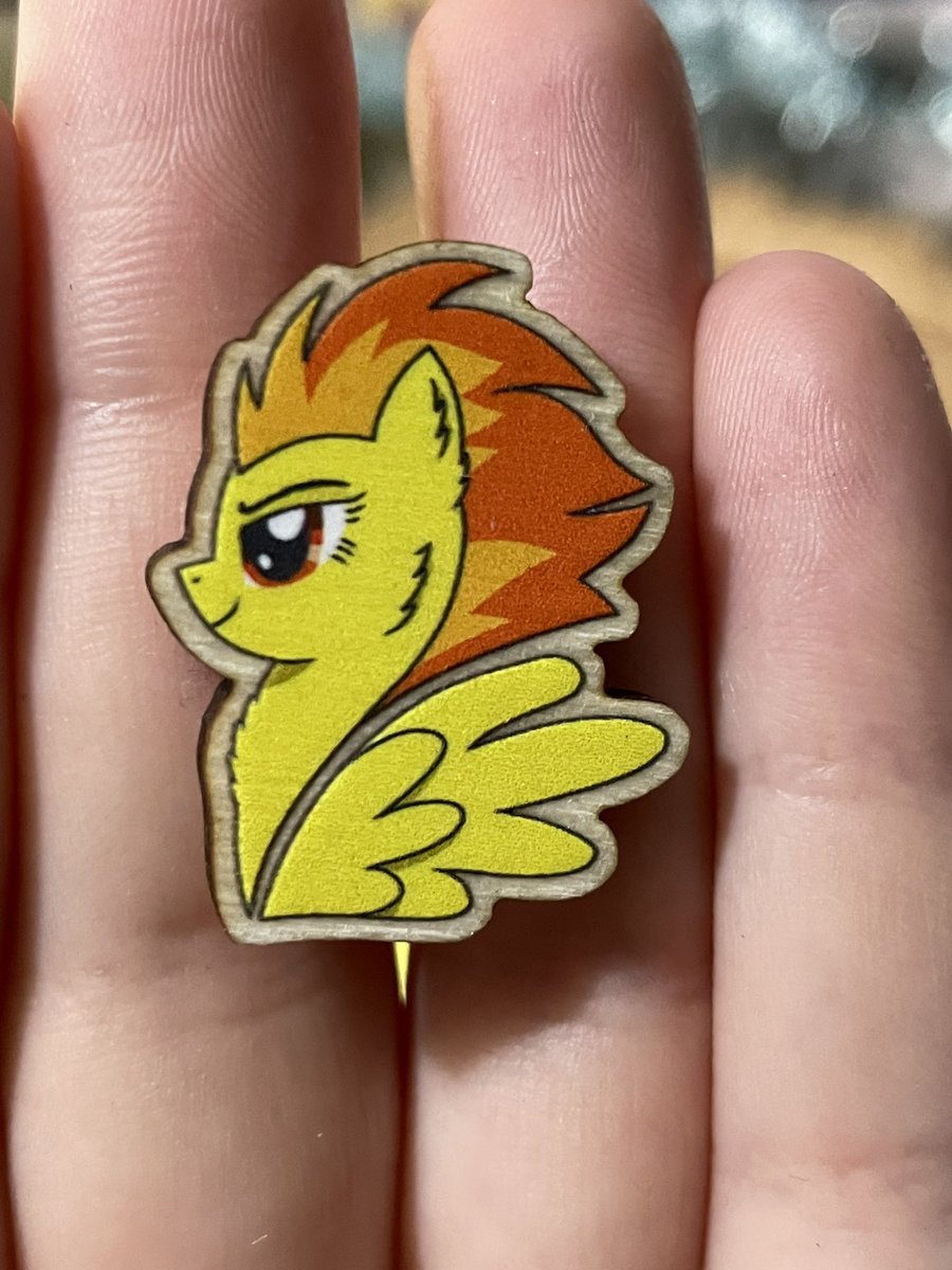raveyeen's tweet photo. Been working on some merch recently and received my first sample pin. They are wooden and eco friendly and very cute I will do more characters if people like them and get more printed :). #mlp #mylittlepony #friendshipismagic #Spitfire #MLPSpitfire #mlppins https://t.co/PNZGBOeBw8