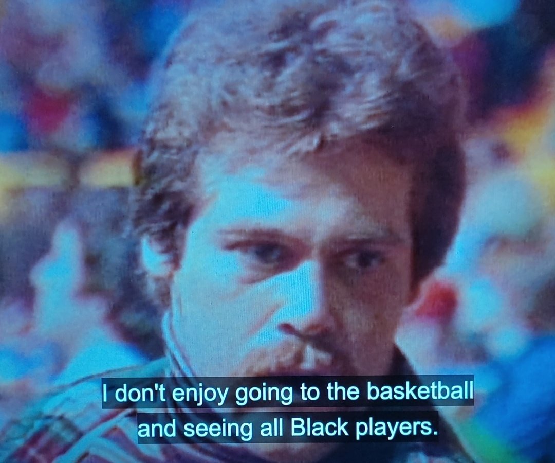 MitchMcDeree's tweet image. Yo so I'm watching #TheyCallMeMagic and this first episode had this white middle aged man in the 80's, sitting in a basketball arena saying I quote: "I don't enjoy going to basketball and seeing all black players" all of that on prime time TV. 
Big yikes