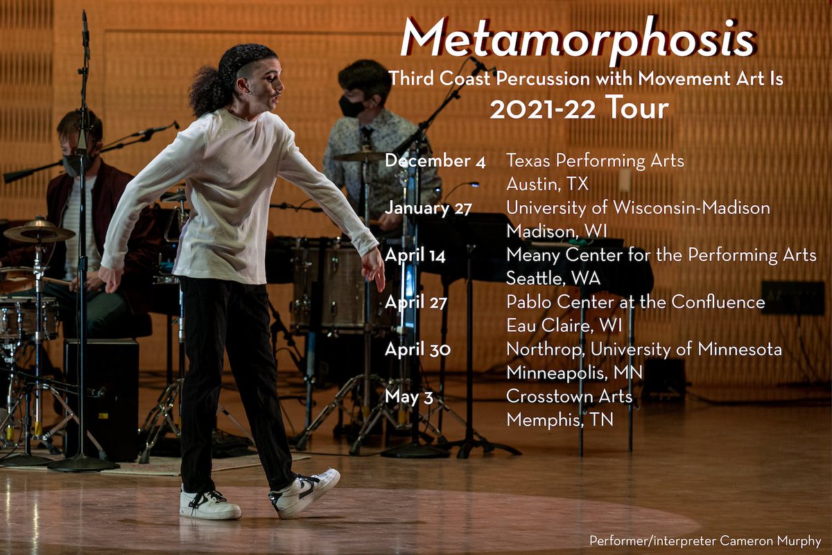 ThirdCoastPerc's tweet photo. Our Metamorphosis tour continues! Next up: Eau Claire, Minneapolis, and Memphis๐๐ฅ
๐๏ธ: https://t.co/WoGydFWmjP
@PabloCenterEC @NorthropUMN @CrosstownArts
๐ถ @Jlin_P #TyondaiBraxton @philipglass
๐บ๐ฟ #CameronMurphy @MOVES4MOVES @JonBoogz #LilBuckDaLegend https://t.co/Ib32jJRzJ0