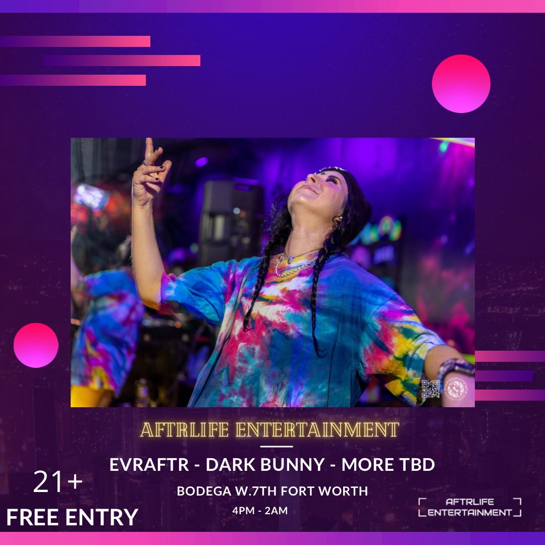 ✨ LET’S GET IT FORT WORTH! ✨

🎟 FREE ENTRY

⏰ 4PM - 2AM 

2️⃣1️⃣➕

📍 2921 Morton St
Fort Worth, TX  76107
United States 

We’ve got <a href="/EVRAFTRofficial/">EVRAFTR</a> and <a href="/the_darkbunny/">Dark🖤Bunny</a> coming through for sure 🥰

Come support your local DJs!