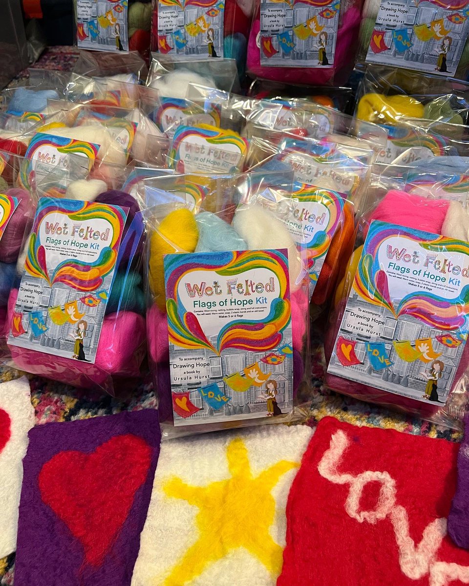 UrsulaHurstArt's tweet photo. My little wet felted flag kits are ready to go out into the world. Now you can make #DrawingHopeFlags just like the happy little bunch in Hope’s project. Available first at @KeighleyLibrary on 6th May for @ChildrensLFests #communityart #art #community #wetfelt #feltingkit https://t.co/5QzsRSEfgl