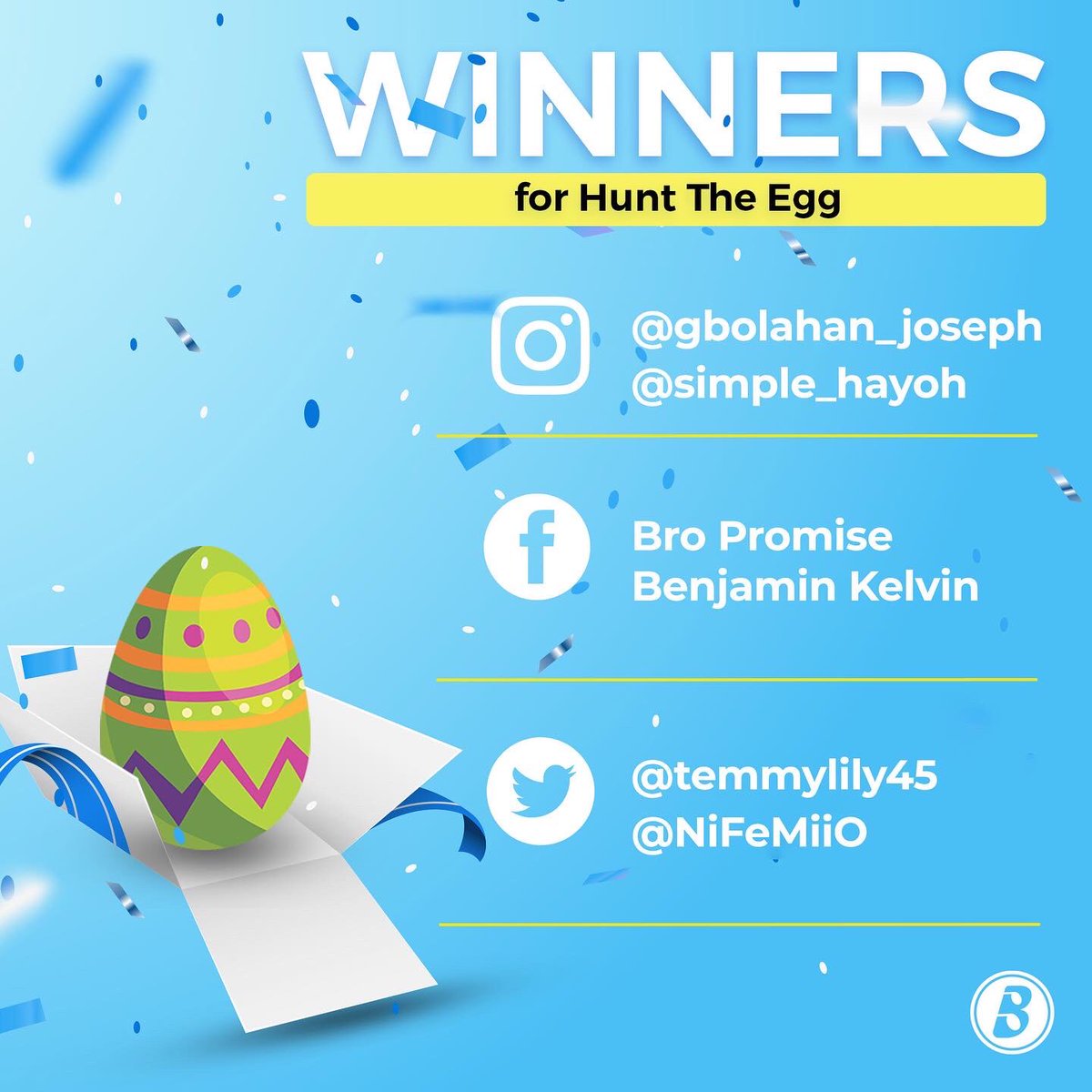 BoomplayNigeria's tweet image. A big congratulations to these Buddies that emerged as the winners of the #BuddiesEasterHunt! 🥳 You will all be contacted during the week to receive your Easter box. 🎁

We appreciate everyone who participated in this hunt, we truly feel the Buddies' love! 💙🙏🏾

#Easter2022