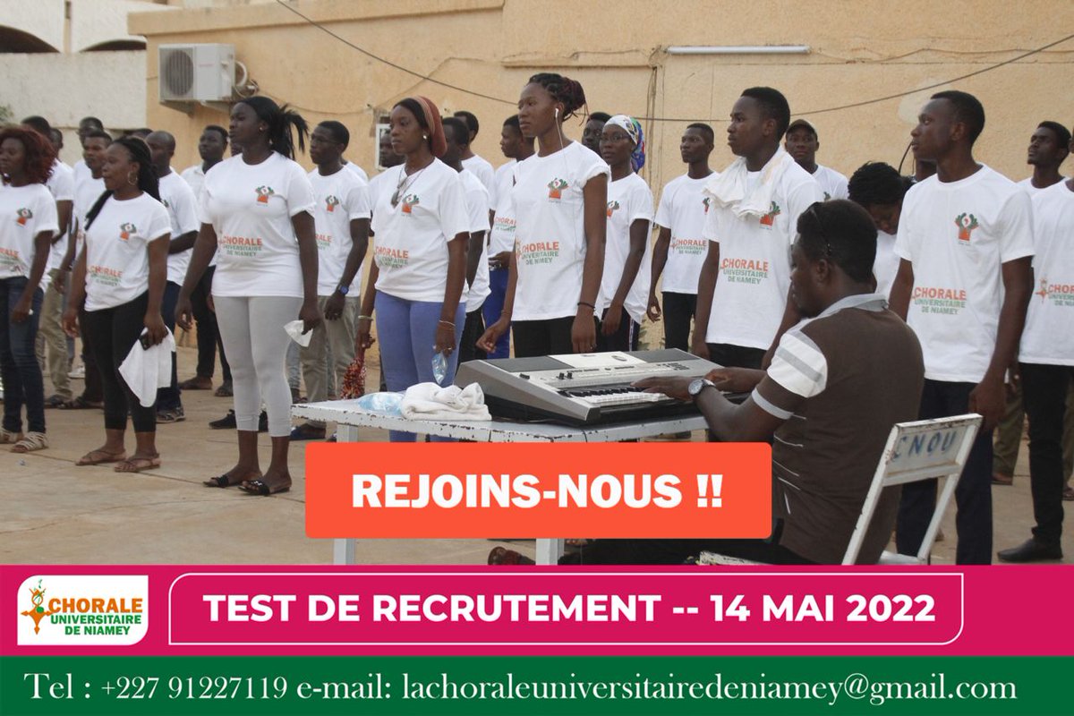 ChoraleNiamey's tweet photo. De la bonne humeur, la fraternité, le respect mutuel, la solidarité, la discipline,la passion, la motivation....

Voilà ce qui résume l’atmosphère de nos séances de répétitions hebdomadaires.

 *Lieu* : Université de Niamey
*Date*: Mai 2019

NOUS RECRUTONS CE SAMEDI 14 MAI https://t.co/KwDsyV9zxl